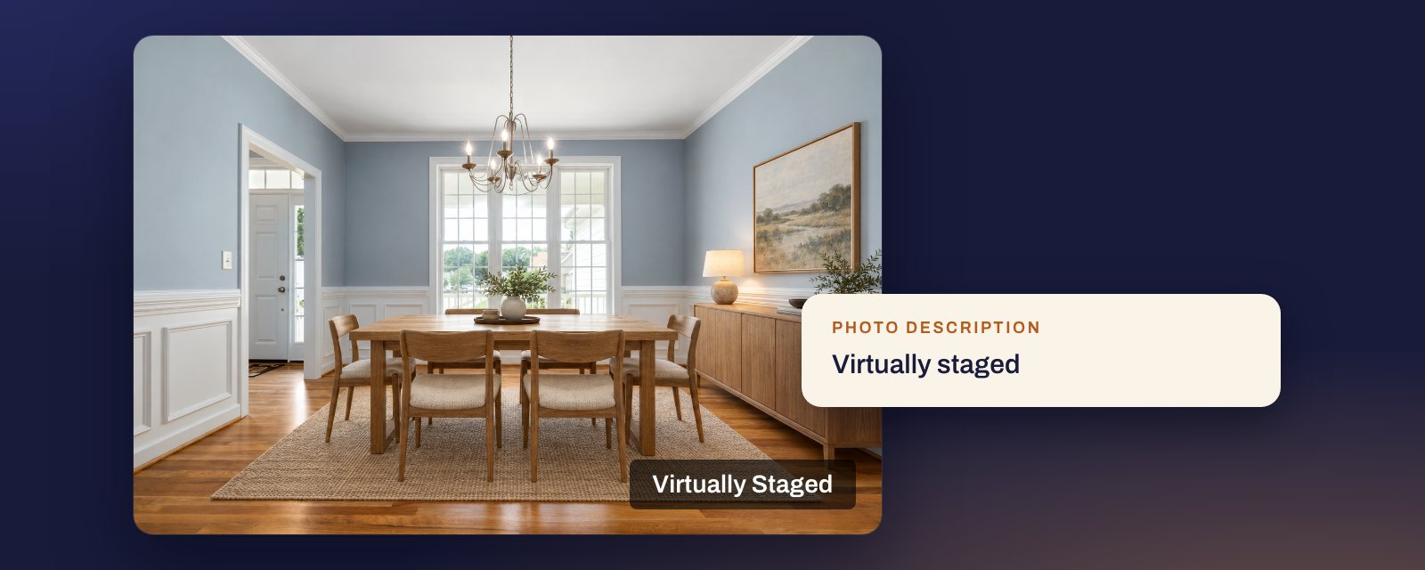 A virtually staged dining room with a Virtually Staged label in the corner of the photo