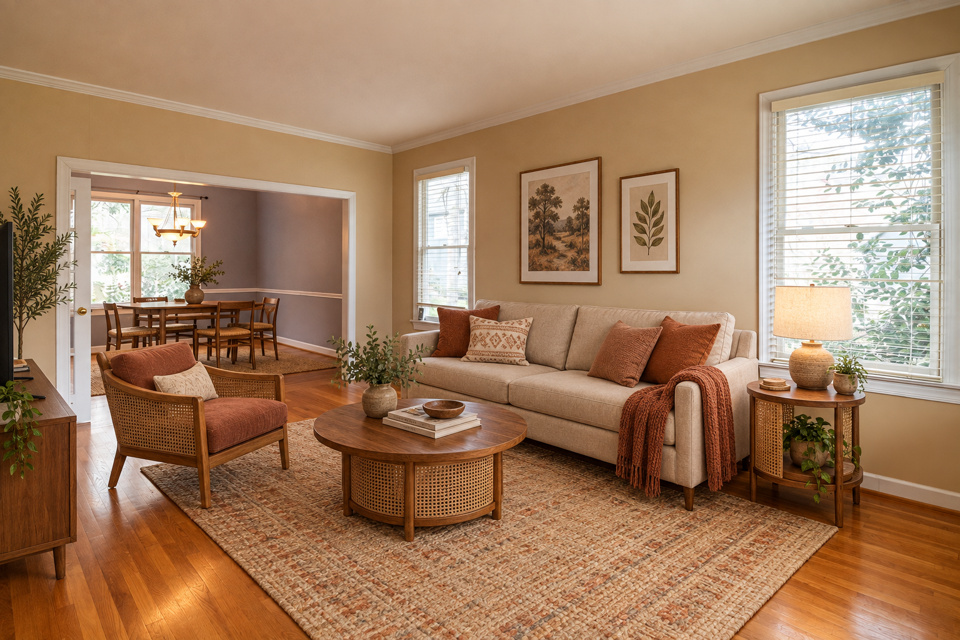 Bohemian living room staging, rendered by Duskly