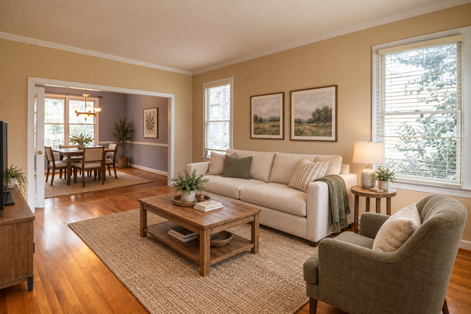 Farmhouse living room staging, rendered by Duskly