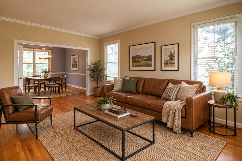 Industrial living room staging, rendered by Duskly