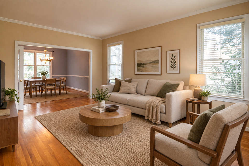 Japandi living room staging, rendered by Duskly