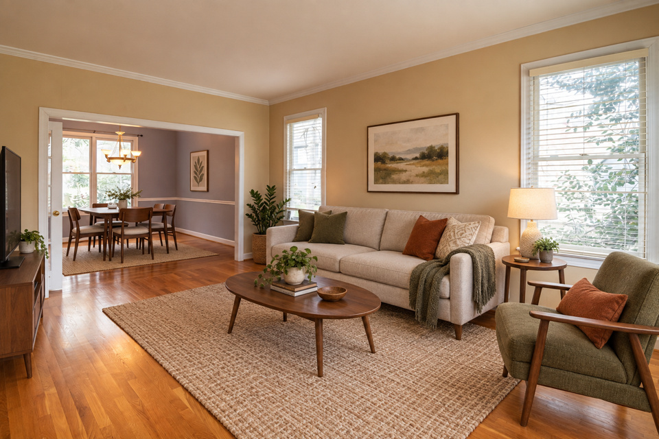 Mid-century modern living room staging, rendered by Duskly