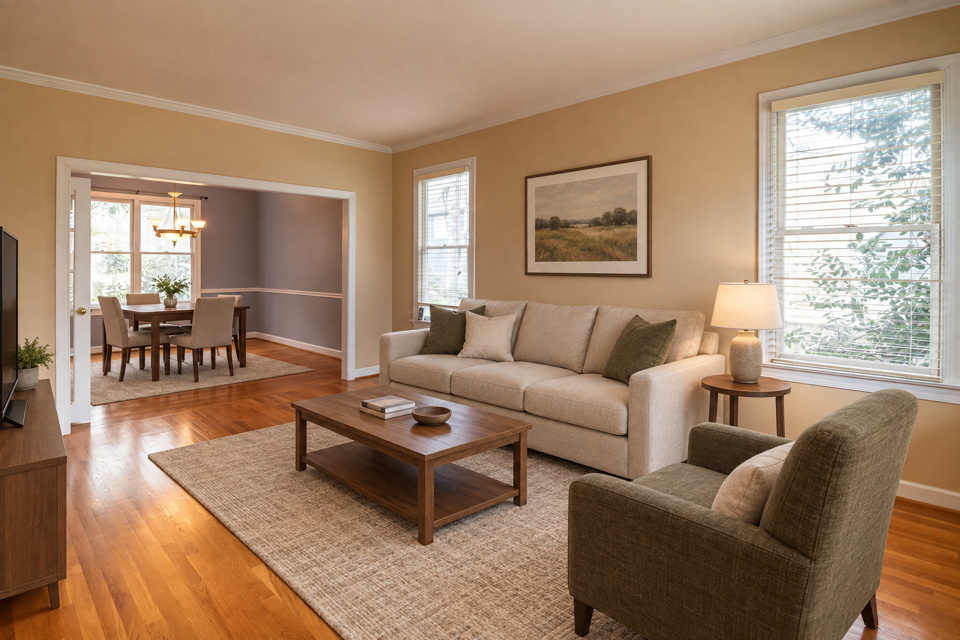 Minimalist living room staging, rendered by Duskly