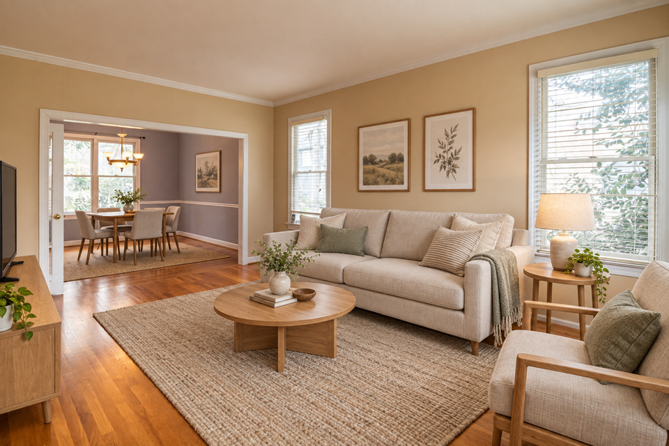 Scandinavian living room staging, rendered by Duskly