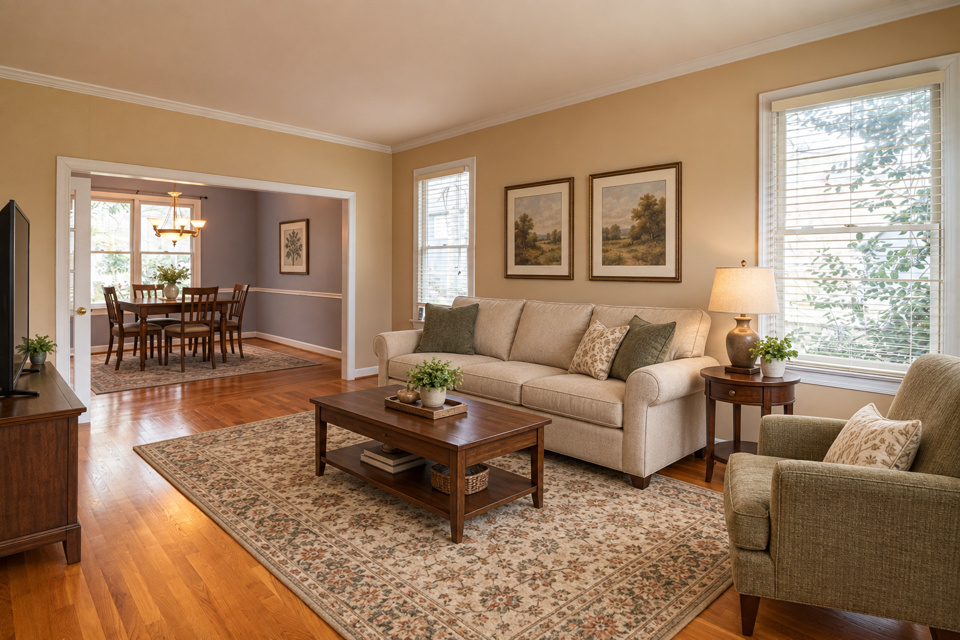 Traditional living room staging, rendered by Duskly